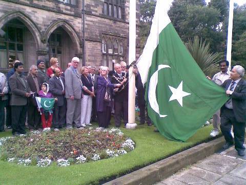 Town Hall officials join the Pakistani community in raising the Pakistan flag to commemorate 61 years of independence from Britain.