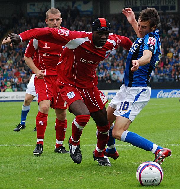 Buckley goes down under Sodje's challenge to win the penalty that Chris Dagnall missed