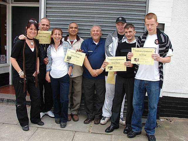 Council Officer, Steph Rush; ReBuild graduate Danny Slowe; Project Manager Helen Munro; Trainer Gulzar Ahmed; Project Director Iain Wight; ReBuild Graduates David Byrom, David Davies and Lee Wood.