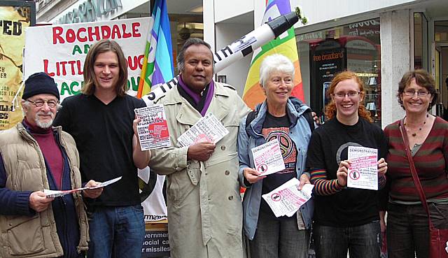 Peace Group members (George Abendstern, Sam O'Brien, Samir Chatterjee, Pat Sanchez, Amy Gilligan and Patricia Gilligan) in Yorkshire Street with leaflets about the demonstration.