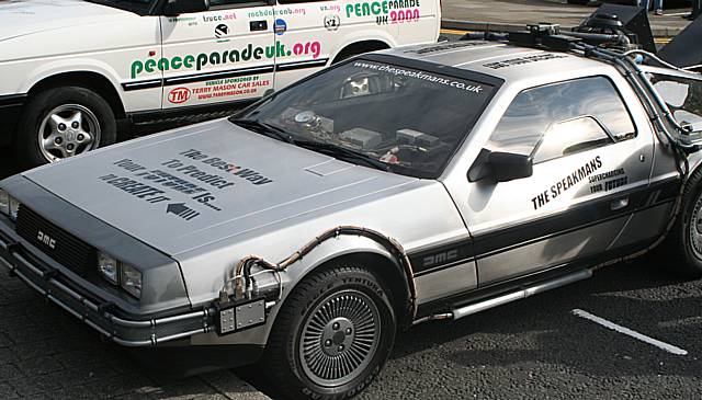 The 'Back to the Future' Delorean led the Peace Parade.