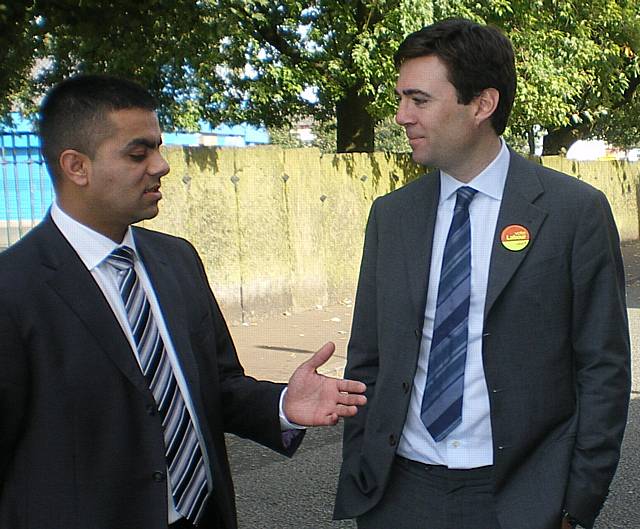 Councillor Ibrar Khan talks to Culture Secretary Andy Burnham.