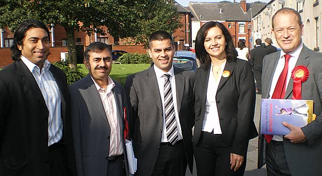 Caroline Flint with Labour Councillors Ibrar Khan, Farooq Ahmed and Imtiaz Ahmed and Labour Parliamentary candidate Simon Danczuk.