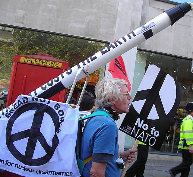 Philip Gilligan with the mock-up of a Trident nuclear missile in Oxford Road.