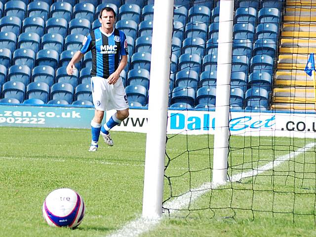 Agonising: Chris Dagnall's shot travels just past the post. It was the closest Dale came all afternoon.