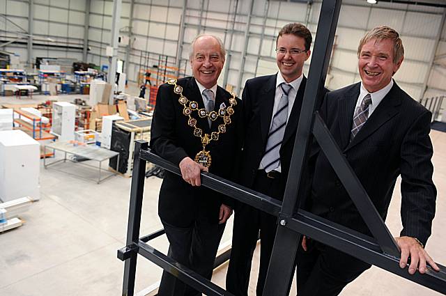 Rochdale Mayor Councillor Robin Parker with Ian Tulloch of Wilson Bowden and Patrick Jackson of Vindon Scientific.