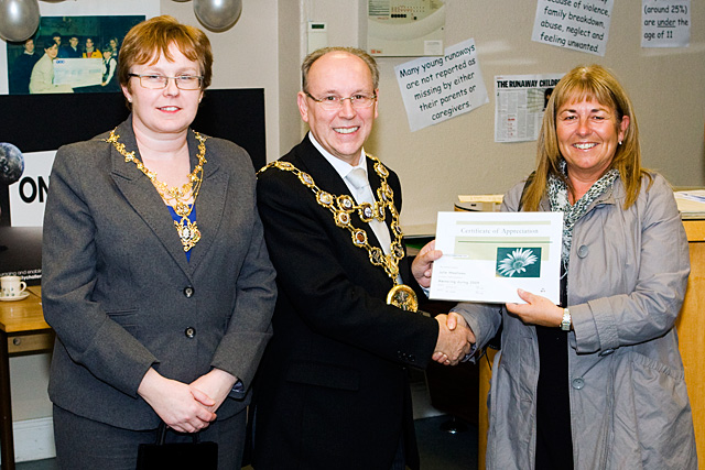 RCT Young Runaway project launch - Mayor Keith Swift presents a certificate to Julie Woollams