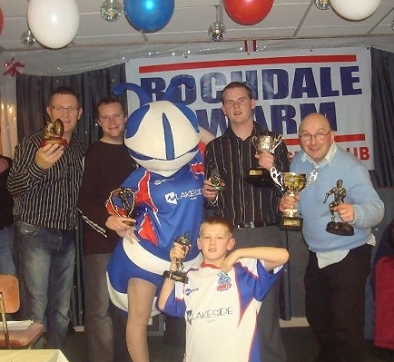 Rochdale Swarm trophy winners with Hornets mascot Hercules