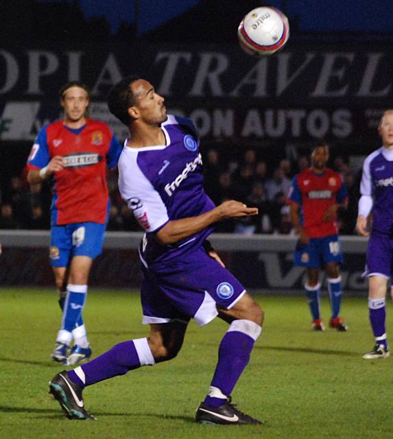 Chris O'Grady brings the ball down on the edge of the Dagenham box.