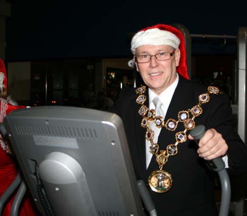 The Mayor of Rochdale, Councillor Keith Swift on a cross trainer in the gym