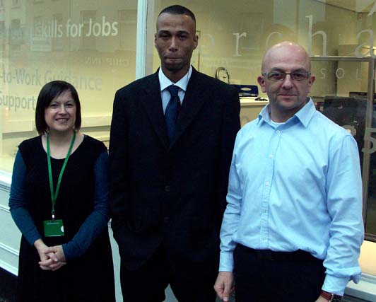 Natalie Davies from Orchard Training Solutions with learner Anthony Grant and tutor Dave Kari