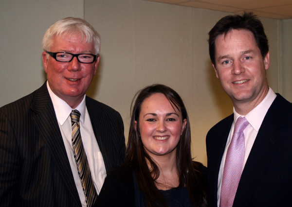 Paul Rowen and Nick Clegg with Rochdale Online reporter Laura Wild