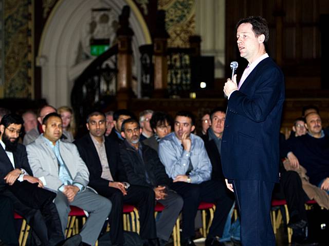 Nick Clegg answering questions from the public at Rochdale Town Hall