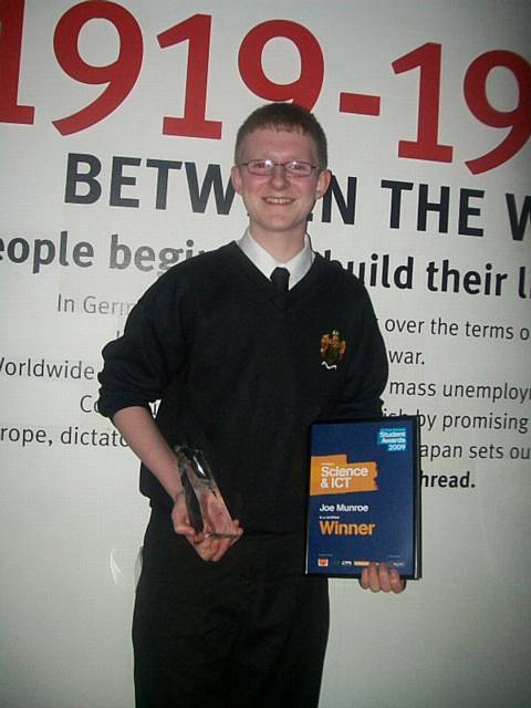 Winner of the ICT and Science category at the Greater Manchester Student Awards, Heywood Community High School student Joe Munroe.