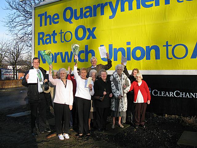 Local residents celebrate the decision to remove advertisement hoardings from the Sudden junction with Councillors William Hobhouse, Andrew Abbott and Wera Hobhouse.