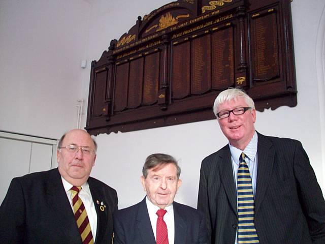 Paul Rowen MP, Councillor Peter Clegg and Spotland resident Peter Conroy with the Rochdale World War One memorial board at the Fusiliers Museum.