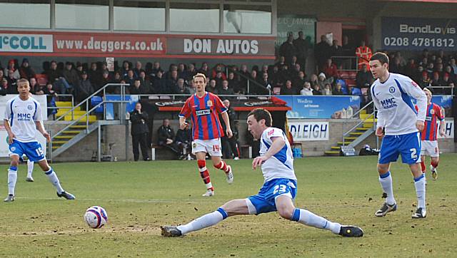 Rory McArdle wins the ball from a Dale corner.