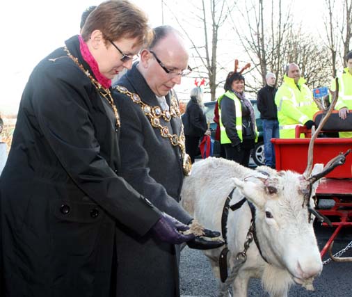 The Mayor and the Mayoress feed a reindeer