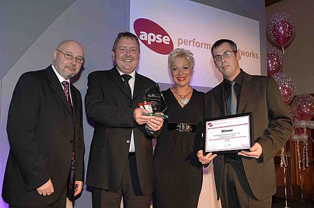 Heywood Civic Centre Managers Graham Duckworth and Brian Johnson receiving their Award, presented by Denise Walsh alongside Councillor Leon Unczur, APSE English Chairman 2008/2009