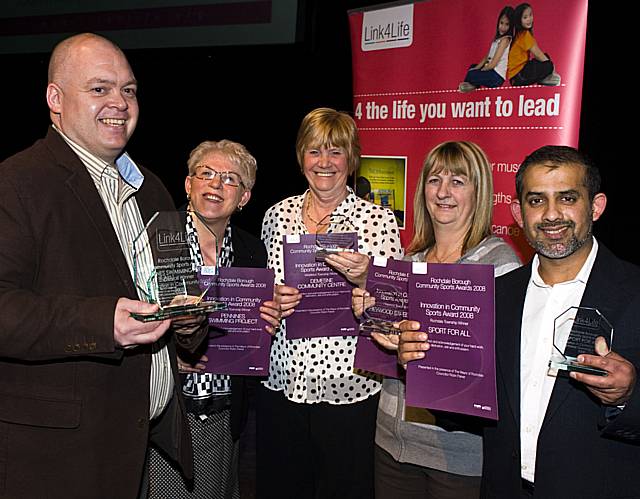 Winners of the Innovation in Community Sports awards presented by Sheila Acton, Chairman, CVS Rochdale.