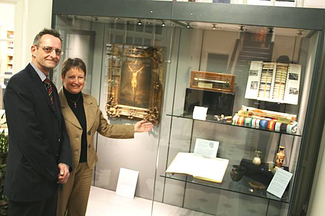 Councillor Alan McCarthy checks out the new display with Area Librarian Janice Tod.