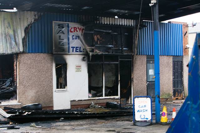 The burnt out remains of the Crystal Clear car wash on Manchester Road, after the fire three months ago