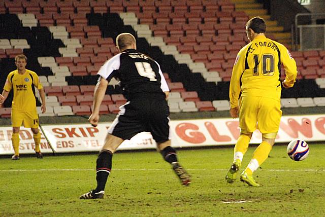 Adam Le Fondre collects Scott Wiseman's low ball in before rifling home Dale's opener.