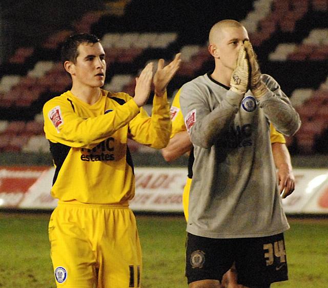 Warm applause from winning goalscorer Rundle and Dale keeper Frank Fielding.