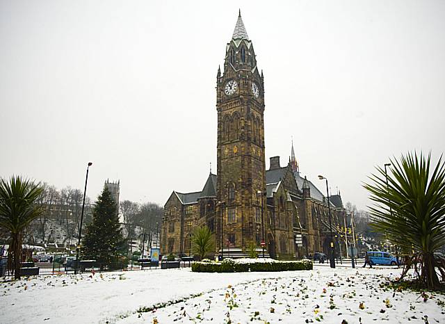 The snow scene at Rochdale Town Hall last week.