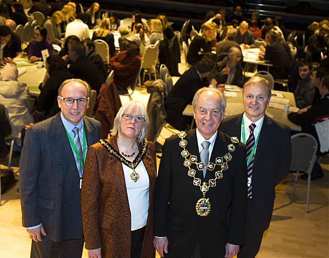 Councillor Keith Swift, Mayoress Ann Jones, Mayor Robin Parker and Paul Young at the Equalities Listening event at Middleton Arena.