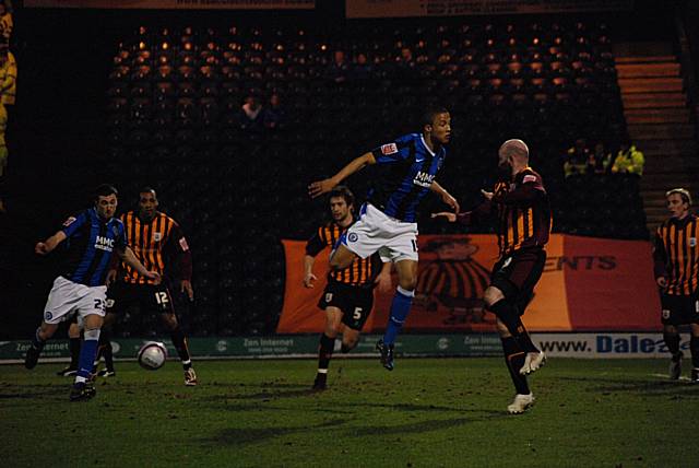 Rory McArdle fires in a volley from a Dale corner.