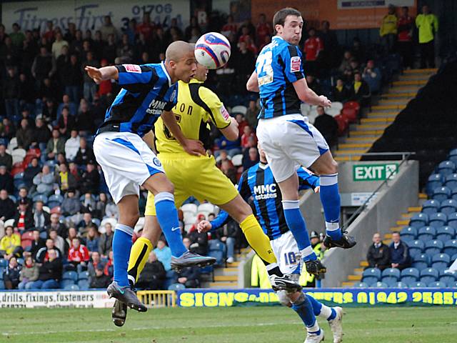 Joe Thompson gets up for a back post header.