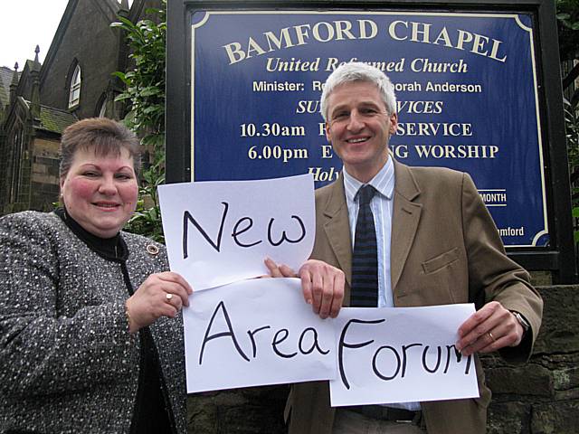 Councillors Angela Coric and William Hobhouse promoting the new area forum at Bamford Chapel.