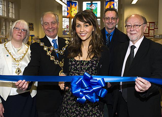 Samia Smith prepares to cut the ribbon, with the Mayor and Mayoress, Councillor Alan McCarthy, Chair of Heywood Township and Jim Dobbin MP.