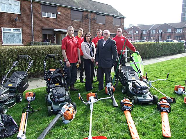 Jim Kelly, Property service manager and Kathryn Beddows, contract administrator for Riverside Pennine Division are shown welcoming left to right Charlie Harrison, Tom Blore, Paul White and Paul Whittle from the Connaught Group.