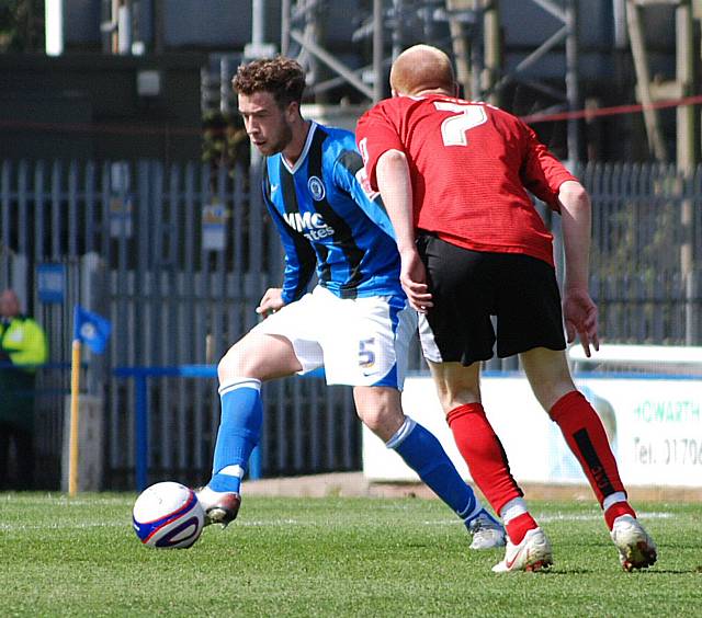 Keltie comes up against Darlington goalscorer Jason Kennedy.