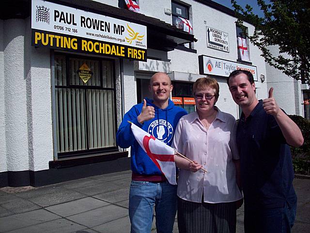 Adam Power, Sue Etchells and David Hennigan outside Paul Rowen MP’s office on Drake Street, celebrating St George’s day.