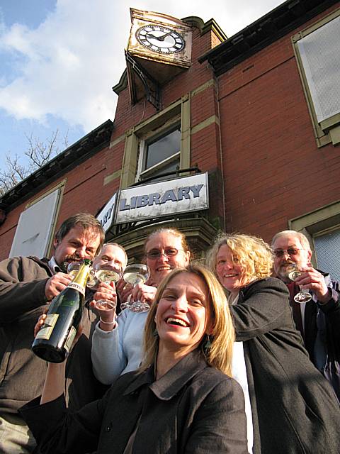 Councillor Wera Hobhouse with members of the Norden Community Trust celebrate by the old library. (Left to right: Nigel Morrell, Ian Moore, Kath Wilson, Wera Hobhouse, Kathryn Bentley and Stephen Haslam.)