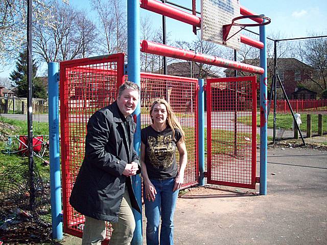 Councillor Dale Mulgrew and local resident Mandy Swift at the Kirkholt Kickpitch.