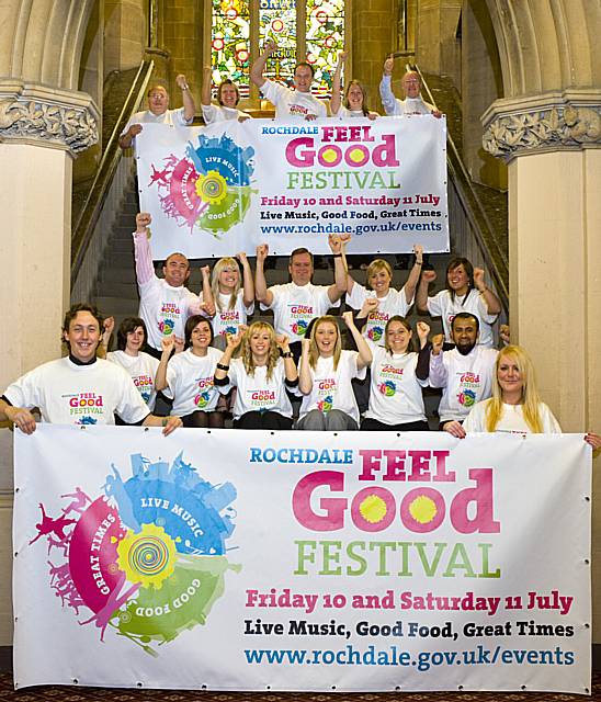 Ready to feel good: Music fans celebrate the launch of the Rochdale Feel Good Festival which hits town on 10 and 11 July.