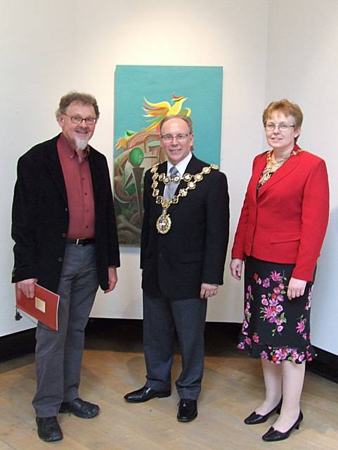 Harald Schuppe opens his Touchstones exhibition with the Mayor of Rochdale Councillor Keith Swift and Mayoress Sue Etchells.