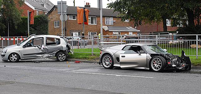 The crash scene on Manchester Road shows the smashed up Clio and Wharmby's Noble.