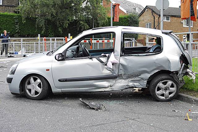 The smashed up Clio at the crash site.