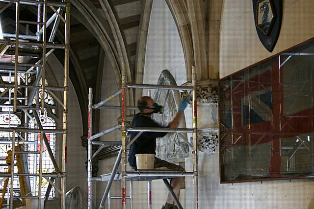 Christopher from the Hurst Conservation Renovators working on the walls at Rochdale Town Hall; the main entrance to the Town Hall will be closed for the duration of the work.