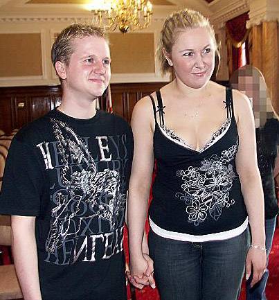 Blushing bride...Ashley Baker and Emily Horne on their wedding day at Chadderton Town Hall.