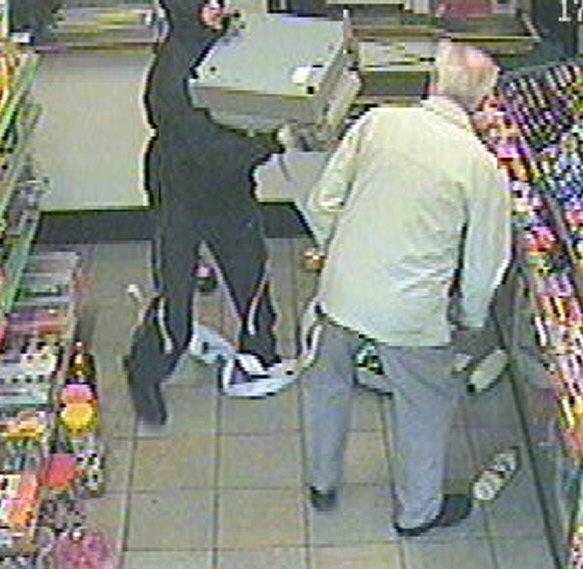 CCTV footage shows Shelley lifting the till right next to the terrified elderly customer.