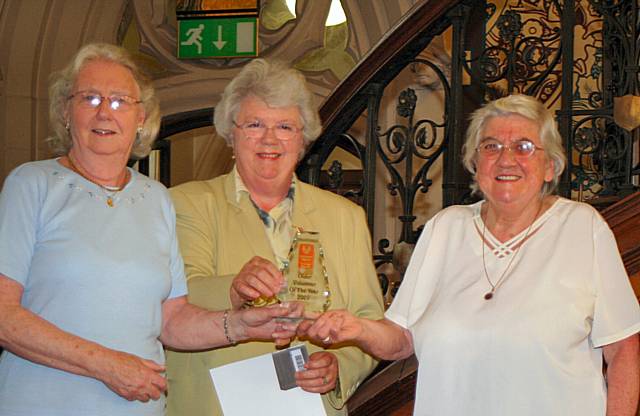 “The Dynamic Duo” Kath Burns and Mildred Sutcliffe from Springhill Hospice (Exceptional Older Volunteers of the Year) receive their award from Councillor Jane Gartside.