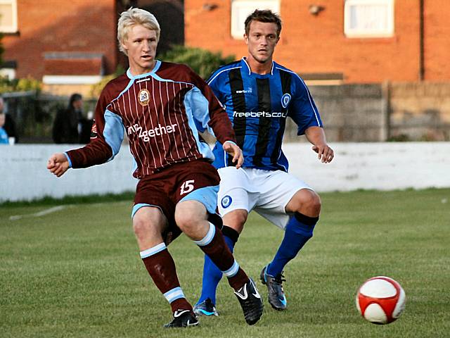 Former Dale striker Ben Wharton lays the ball off in front of Scott Wiseman. 