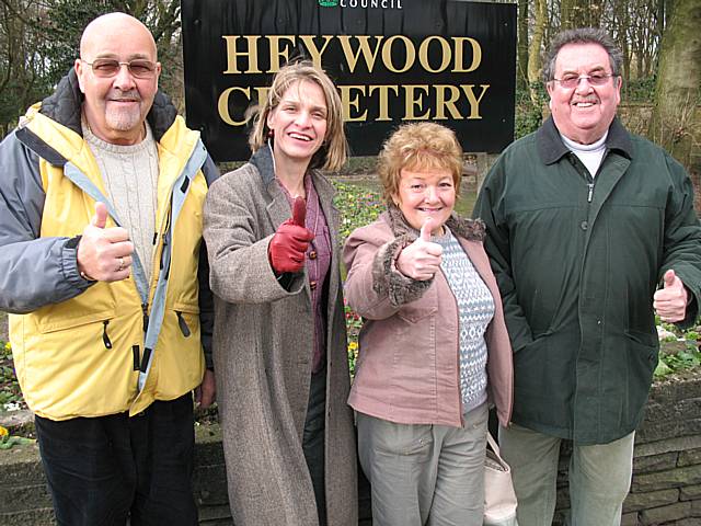 Councillors Peter Rush, Doreen Brophy-Lee, Malcolm Bruce and Parliamentary Candidate Councillor Wera Hobhouse outside Heywood Cemetery.