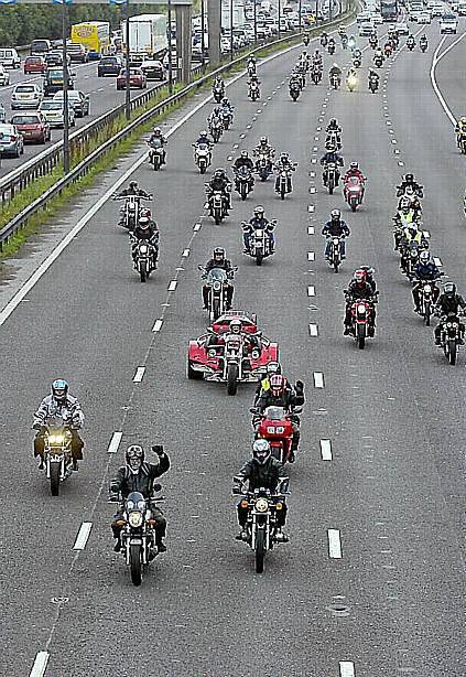 Motors running...Bikers bring the M62 to a halt.